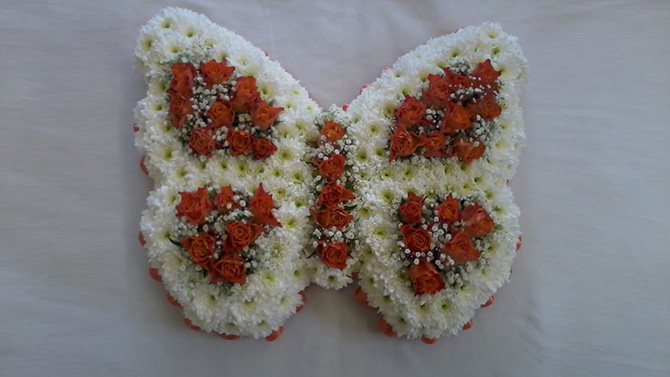 Funeral flowers butterfly shaped white red florist north Bristol FBF2