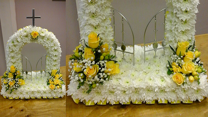 Gates of heaven funeral flowers white yellow north Bristol florist FGH2