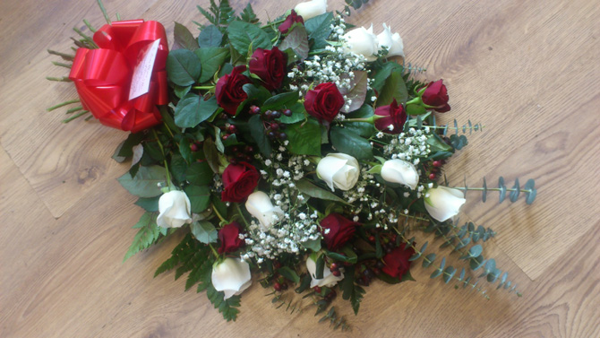 Funeral sheaf red white funeral flowers florist Bristol FSH1